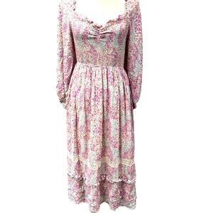 "Penelope Rose" Pretty Pink Floral Dress ,L, Bishop Sleeve, Ruched Waist,Prairie